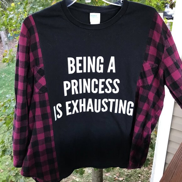 Reworked Flannel Tee, Size M-L: Upcycled Oversized Princess Graphic Pullover - Picture 3 of 11